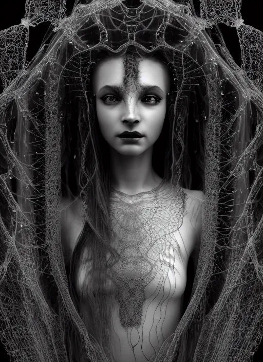 Prompt: surreal mythical dreamy dark artistic black and white fine art photo of a beautiful young female medusa - cyborg covered with lace fish scales and translucent algae, highly detailed, intricate crystal ivy jelly fish scales ornate, lace web, poetic, octane render, 8 k, photo - realistic, by man ray