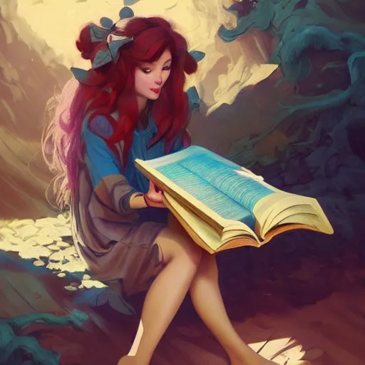 Image similar to a girl reading a book, hair flowing down, matte painting, bold shapes, hard edges, street art, trending on artstation, by huang guangjian and gil elvgren and sachin teng