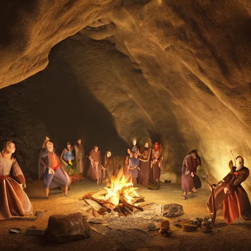 Prompt: medieval people dancing in a cave, there are many many minerals and crystals on the ground and a campfire, matte painting, 4k, very detailed