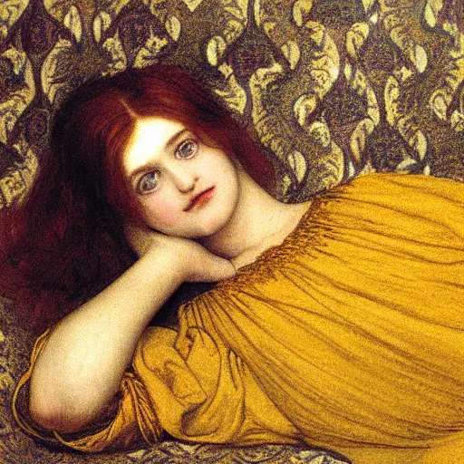 Prompt: preraphaelite photography reclining on bed, large downslanted eyes, large lips, big brown fringe, yellow ochre ornate medieval dress, charles sillem lidderdale, william morris, 4 k