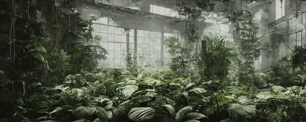 Prompt: An abandoned overgrow hazy laboratory with monstera plants, detailed, 4k, moody atmosphere,octane render, sharp focus,