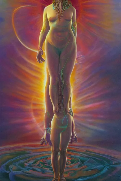Prompt: transcendental meditation cult woman, opening third eye, chakra energy waves resonating from her body, ethereal aura, epic surrealism 8k oil painting, portrait, perspective, high definition, post modernist layering, by Raymond Swanland, Barclay Shaw