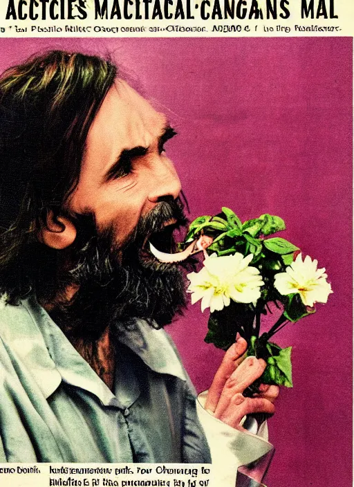 Prompt: vintage pharamaceutical magazine advertisement depicting charles manson eating flowers