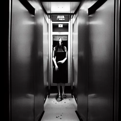 Prompt: a nightmare isolated in an elevator, alone, surrounded by darkness and screaming for help