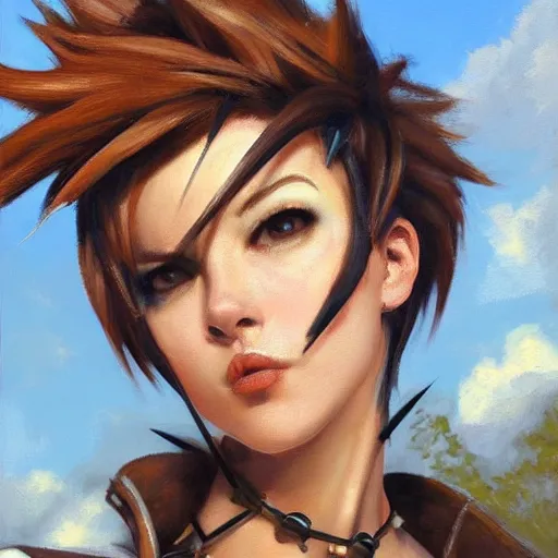 Prompt: oil painting of tracer overwatch in a field wearing spiked collar around neck, in style of mark arian, expressive face, detailed face, detailed eyes, full body, feminine face, tracer overwatch,