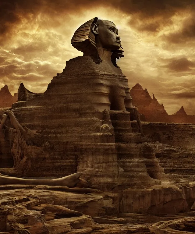 Image similar to epic professional digital art the sphinx, horrific yet beautiful vibe, evocative, atmospheric lighting, painted, intricate, highly detailed, by leesha hannigan, wayne haag, reyna rochin, ignacio fernandez rios, mark ryden, iris van herpen, artstation, cgsociety, stunning, gorgeous, sharp focus, cinematic, masterpiece