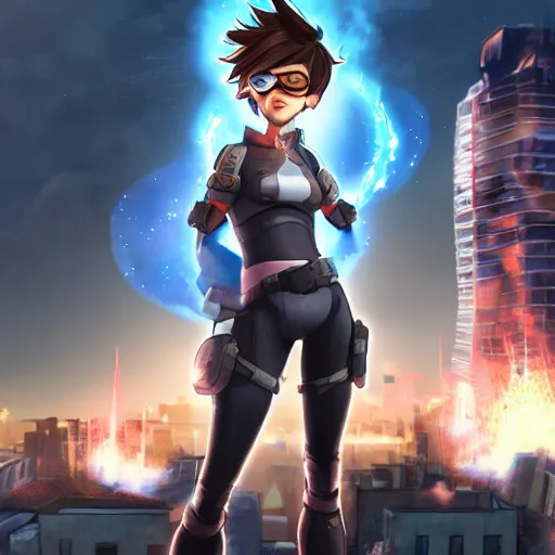 Image similar to tracer, standing on rooftop, 4 k, detailed, smiling at camera, detailed eyes, confident stance, detailed face, feminine face, burning exploding city in background
