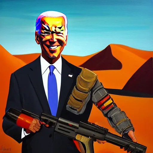 Image similar to oil painting Joe Biden with glowing eyes, looking stern, holding an RPG, in a desert landscape, epic, dark