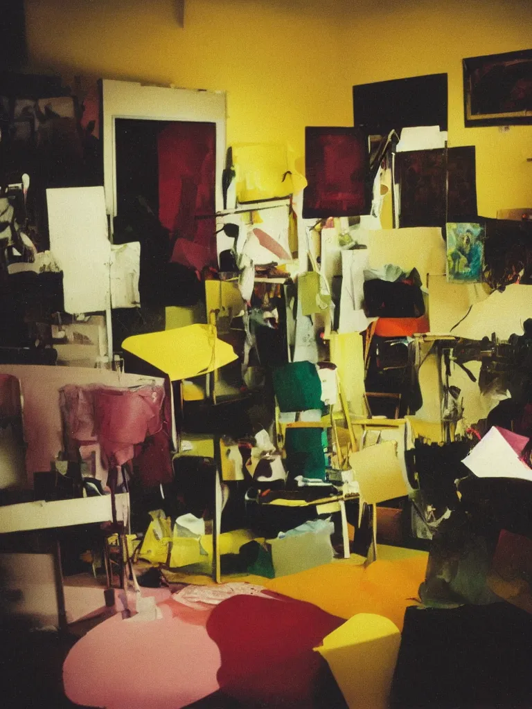 Prompt: dramatic scene shallow depth of field medium shot uncanny surreal photograph of a colorful intimate art studio in 1 9 9 5 titled'romantic theme becoming yellow ', photographed by william eggleston and ken price and man ray, grainy shocking detail trending on artstation 8 k