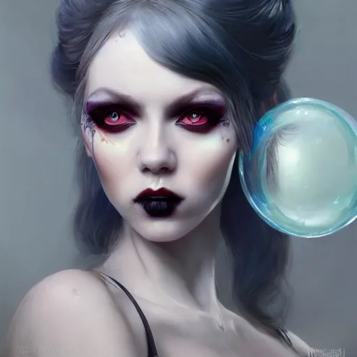 Image similar to a beautiful portrait of kerli koiv with bubble goth makeup, a detailed painting by greg rutkowski and raymond swanland, featured on cgsociety, grimdark art, detailed painting, artstation hd, photorealistic