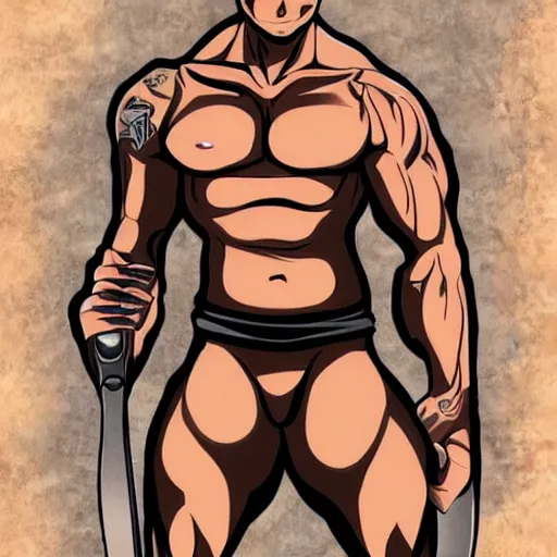 Image similar to muscular bald man, tattooed body, sword in hands, HD, anime style,