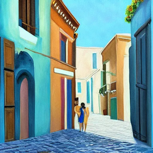 Image similar to our lost honeymoon by clara memette. painting inspired by italian streets. dim romanticism