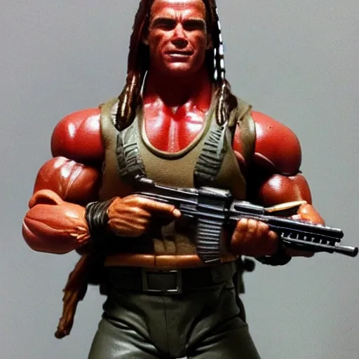 Prompt: a 12 inch action figure of Arnold Schwarzenegger from Predator. Big muscles. Holding an automatic rifle in his hands. Plastic shiny.