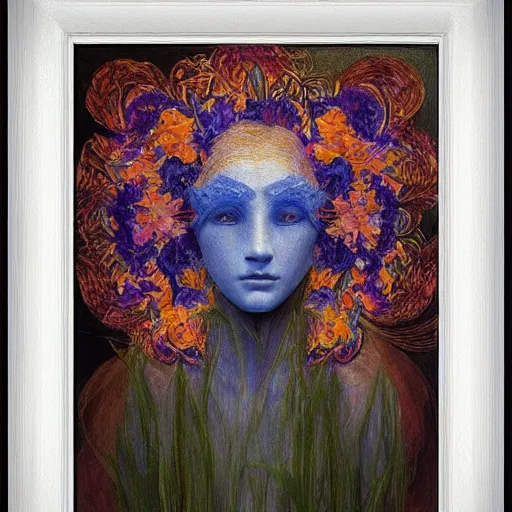 Image similar to masterpiece painting of a facemask made of flowers, by annie swynnerton and jean delville and tino rodriguez, flower mask, symbolist, dramatic lighting, god rays, elaborate geometric ornament, clean crisp graphics, soft cool colors, smooth, sharp focus, extremely detailed