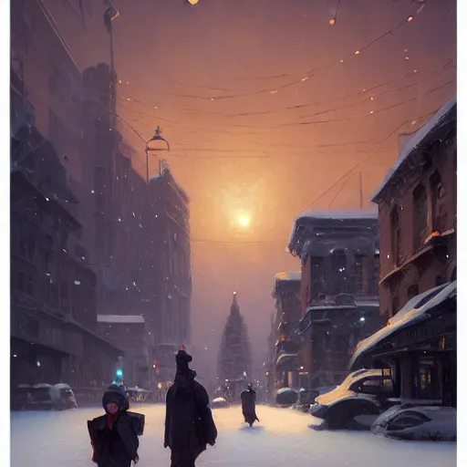 Prompt: sargent and leyendecker and greg hildebrandt, portrait of a ghost in the snow in the city during the holidays, stephen bliss, unreal engine, fantasy art by greg rutkowski, loish, rhads, ferdinand knab, makoto shinkai, ilya kuvshinov, rossdraws, global illumination, radiant light, detailed and intricate environment