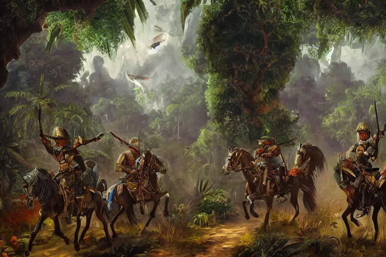 Prompt: oil painting of conquistadors marching through a magical jungle, dramatic shadowing, mysterious, adventurous, featured on artstation, highly detailed