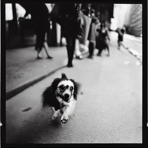 Image similar to wide-shot very low-angle eyesight photo of a dog at the street in New York, polaroid photo, by Andy Warhol, signed