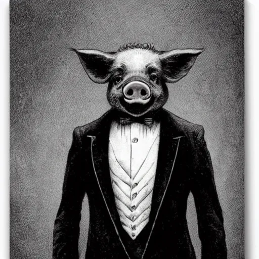 Image similar to a pig in a tuxedo, creepy atmosphere, dark, portrait, realistic, very realistic, illustration by Gustave Doré