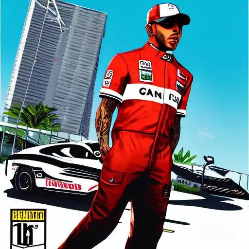 Image similar to lewis hamilton in gta v, cover art by stephen bliss, artstation, no text