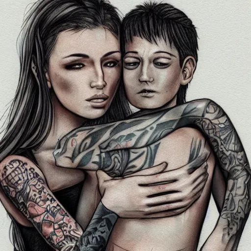 Image similar to Hot young woman, grey skin, tattoos, wearing leather and cuddling her little brother concept art