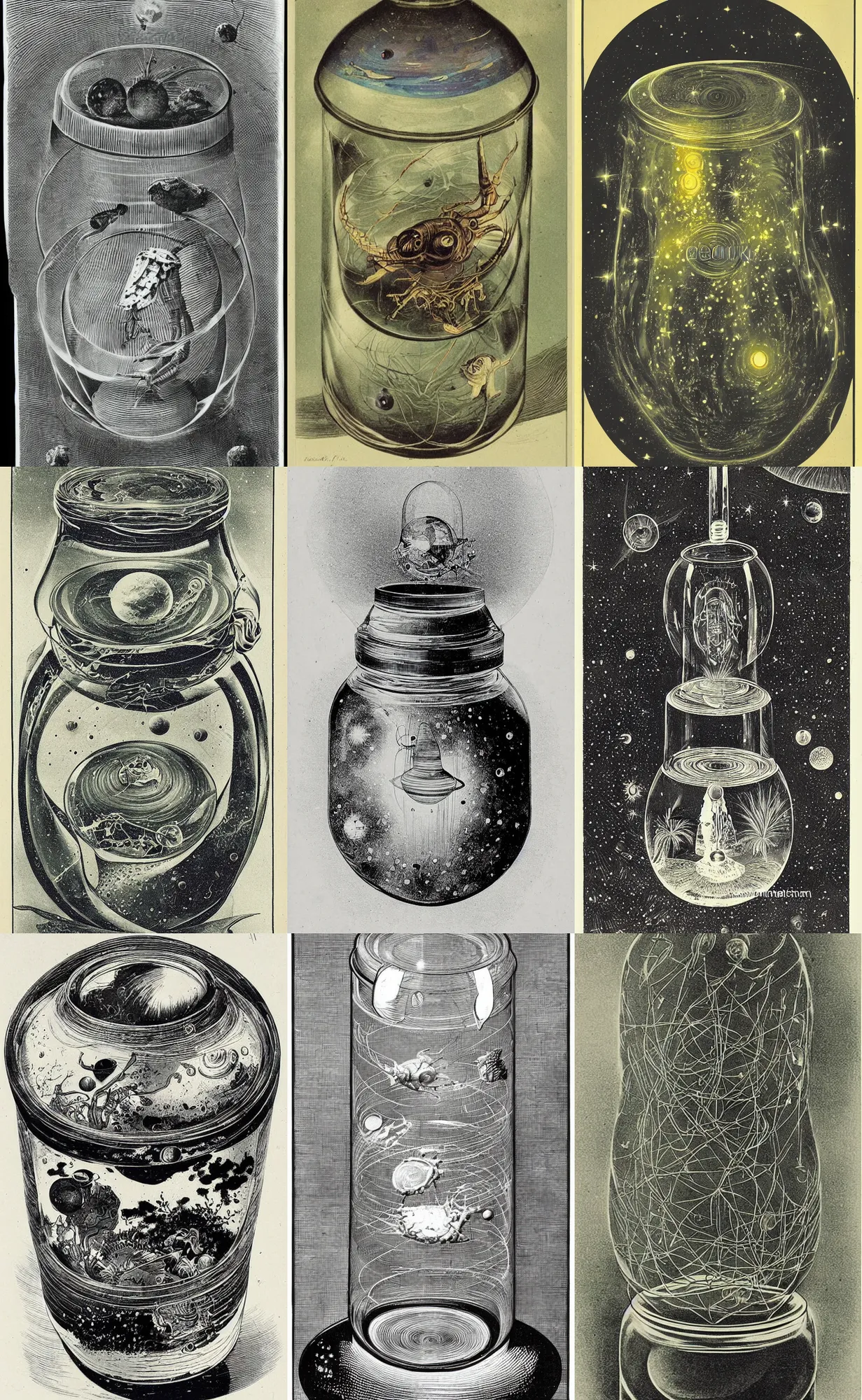 Prompt: glass jar with very rich and very beautiful cosmic sci-fi alien space life from another planet inside zoological scientific illustration, made by Ernst Haecke