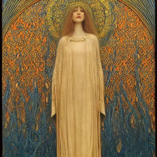 Prompt: beautiful young medieval queen by jean delville, art nouveau, symbolist, visionary, gothic