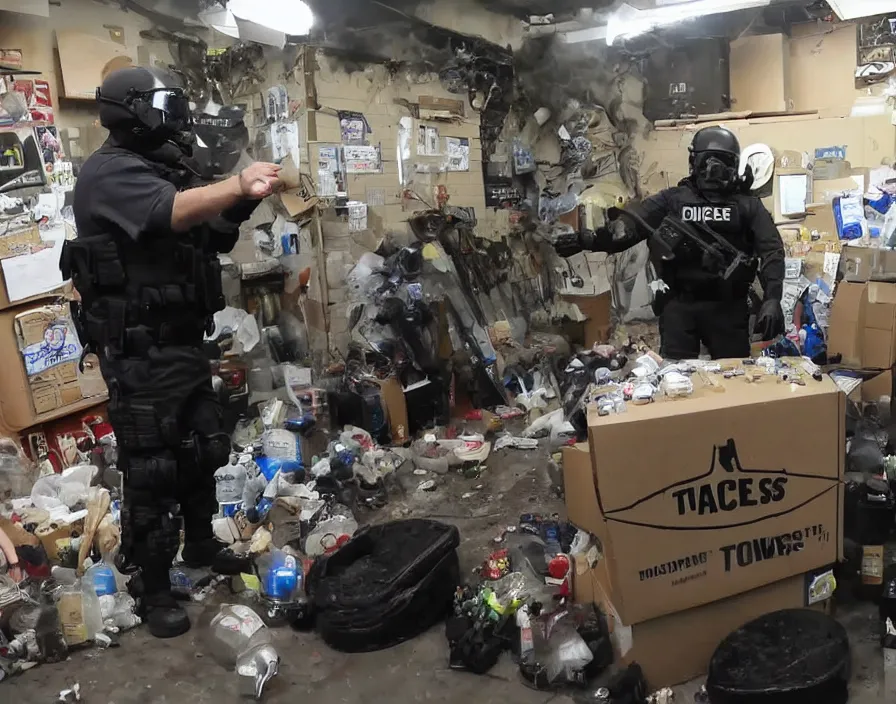 Image similar to Alex Jones in his garage office youtube studio fighting SWAT police, surrounded by boxes of herbal supplements and trash, a group of SWAT police, tear gas and smoke, detailed photograph high quality