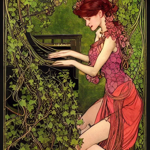 Prompt: a beautiful tarot card of poison ivy playing a piano with vines and singing in a jazz club, female, in the style of magic the gathering, intricate, elegant, highly detailed, digital painting, artstation, concept art, matte, sharp focus, illustration, art byby rebecca guay and by arthur rackham and by alphonse mucha and by john william waterhouse