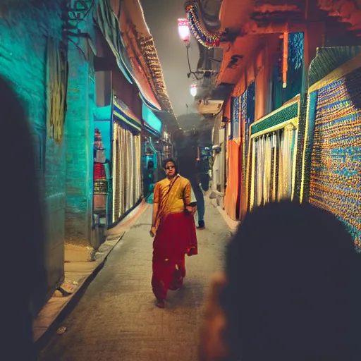 Image similar to a dramatic photograph of a person wearing traditional indian clothes, person wearing indian traditional clothes walking in a modern city, cinematic lighting