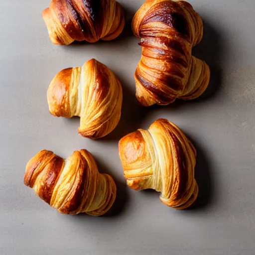 Prompt: tasty croissants in a raw ceramic bowl on a old wooden table