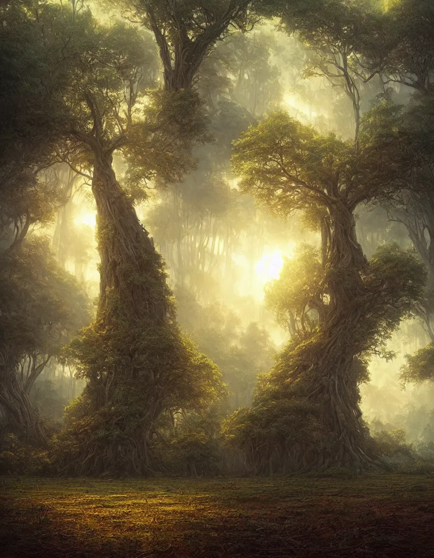 Prompt: hyper realistic detailed matte painting of tree of knowledge, hd, hdr, by moebius and john howe and albert bierstadt and alena aenami, ultra detailed, high resolution