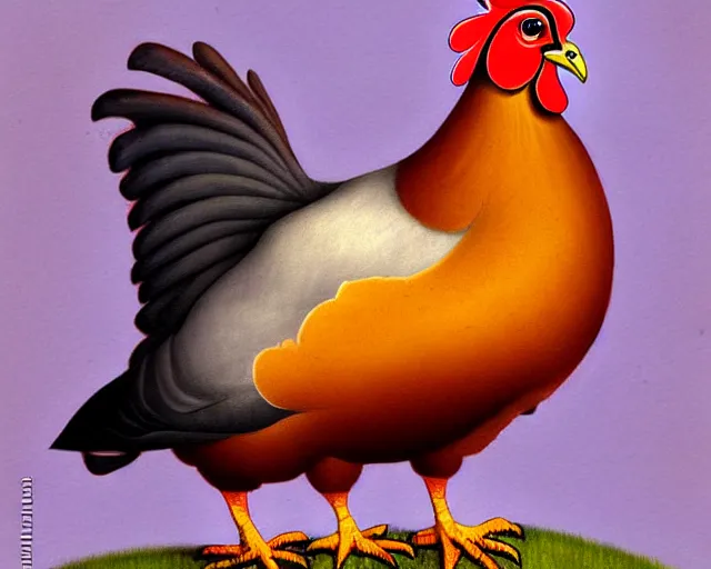 Prompt: hybrid of male chicken and pigeon!!!!, warm colors, by dariusz zawadzki