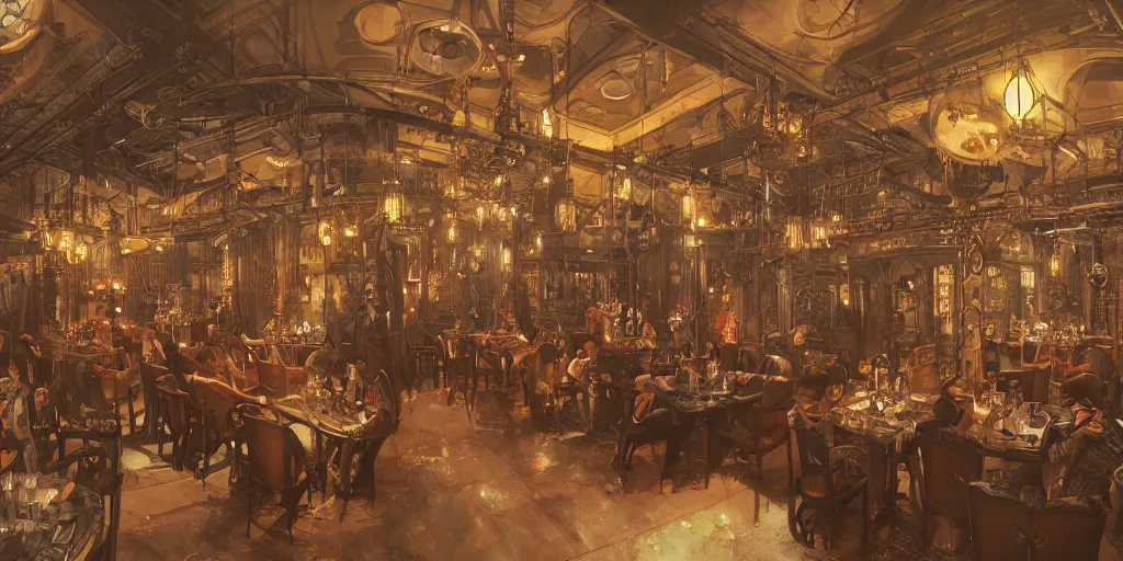 Prompt: Steampunk restaurant overview mapa design, Moebius, Greg Rutkowski, Zabrocki, Karlkka, Jayison Devadas, Phuoc Quan, trending on Artstation, 8K, ultra wide angle, pincushion lens effect