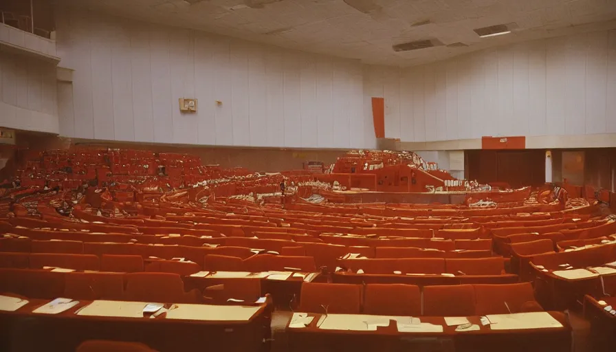 Prompt: 60s movie still of empty soviet congress with one man standing, cinestill 800t 50mm eastmancolor, liminal Space style, heavy grain-s 150