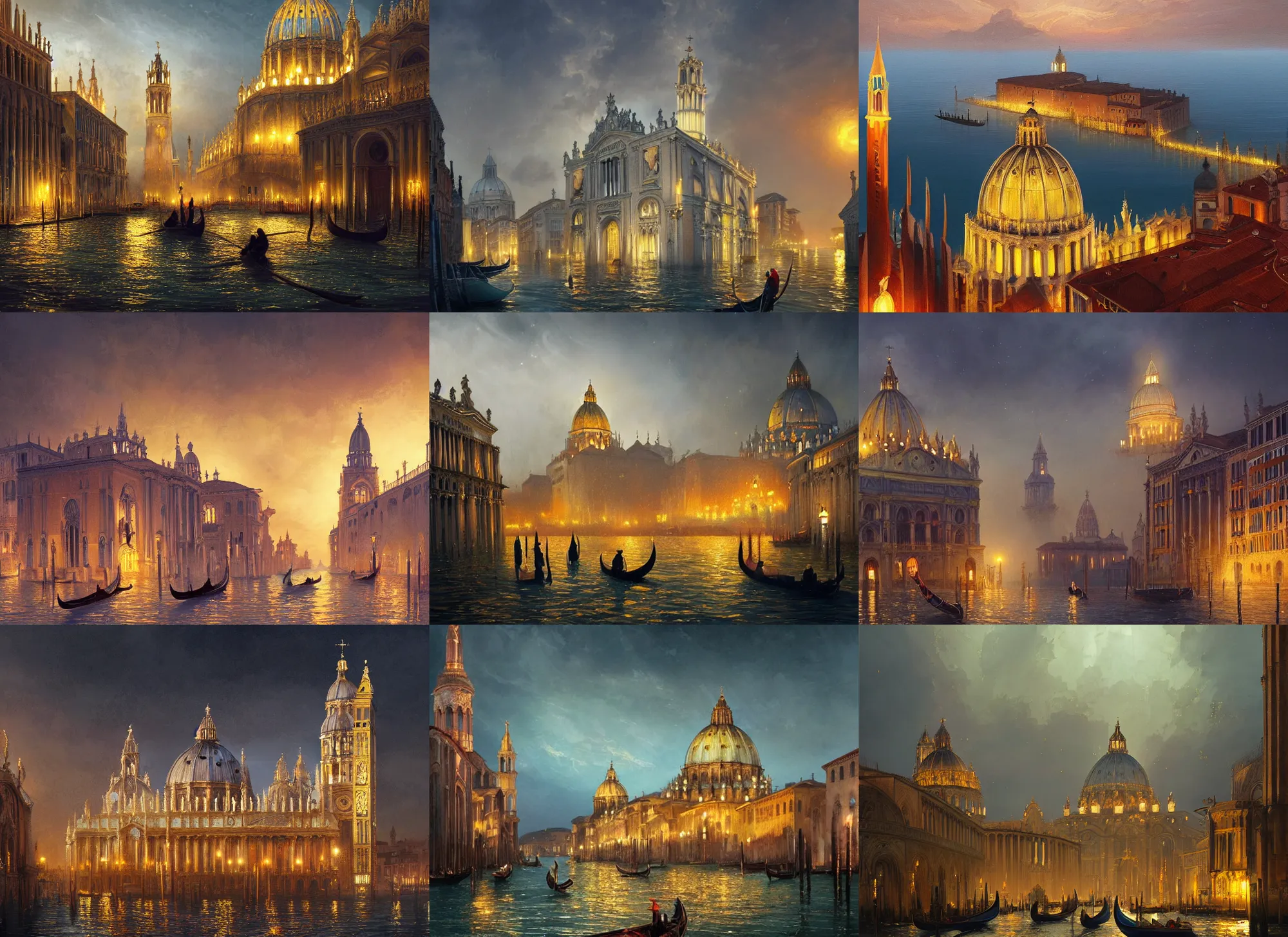 Prompt: Ocean holy city, stained glass windows, gold, towering bell towers and spires, vatican, canals, venice, night, a fantasy digital painting by Greg Rutkowski and James Gurney, trending on Artstation, highly detailed