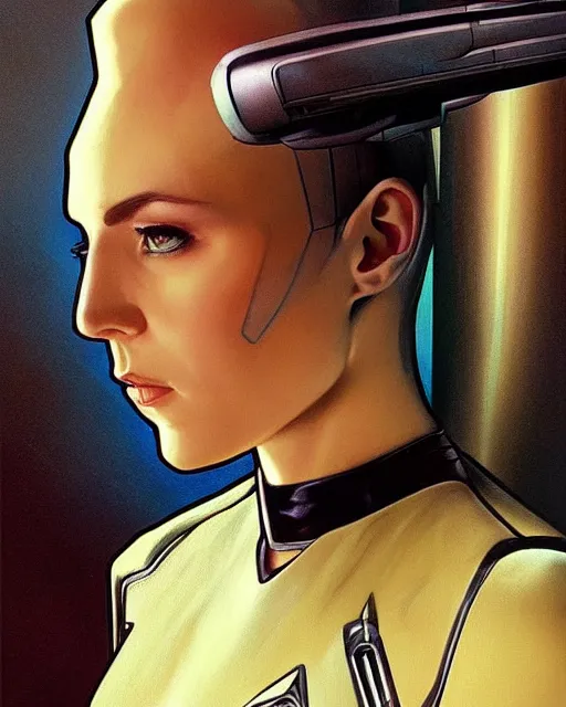 Image similar to a bald serbian!!! young woman as a star trek captain, a still from star trek painted by artgerm and greg rutkowski and alphonse mucha. clear highly detailed face, beautiful sci fi art