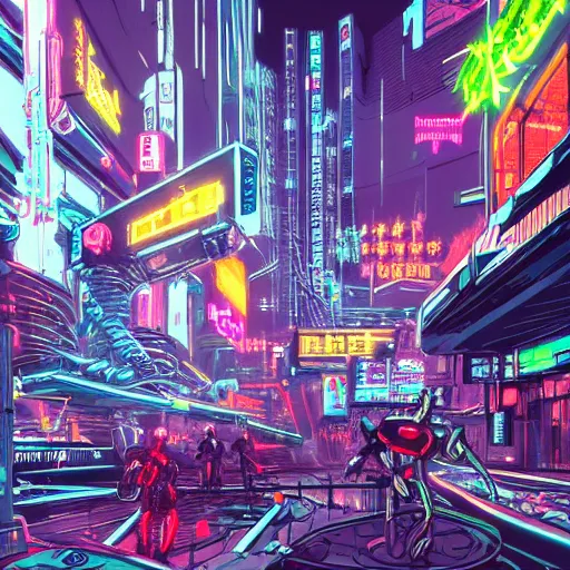 Image similar to a robot uprising rebellion in a cyberpunk city, futuristic, neon, intricate details