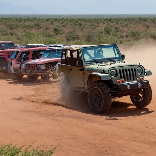 Image similar to a jeep racing aginst stampede in africa