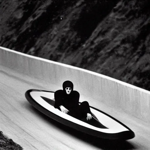 Image similar to portrait of nosferatu is doing bobsleigh alone, sport photography