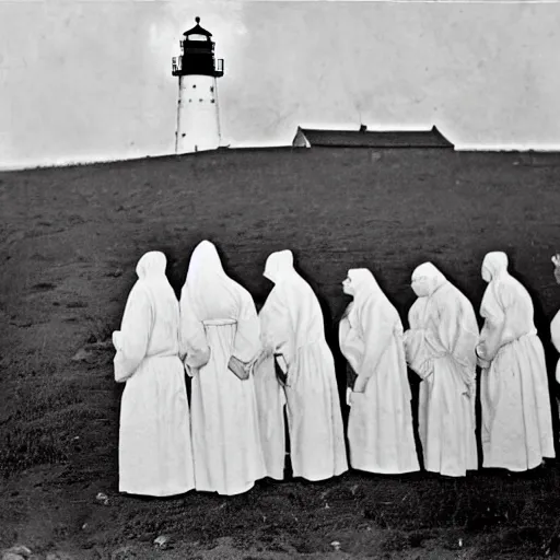 Image similar to worshippers dressed in robes belonging to the cult of the lighthouse. Dilapidated 1800s lighthouse. 1800s photo. Very detailed and clear image.