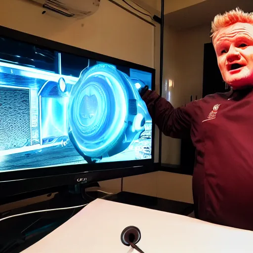 Prompt: obese Gordon Ramsey wearing a headset yelling at his monitor while playing WoW highly detailed wide angle lens 10:9 aspect ration award winning photography by David Lynch esoteric erasure head