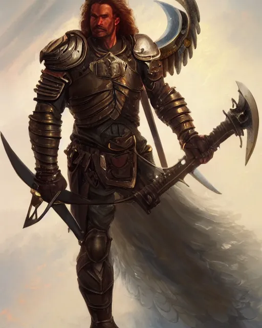 Prompt: character portrait of a brawny male warrior angel of justice, wearing shining armor, wielding a flaming sword and holding a shield, by peter mohrbacher, mark brooks, jim burns, wadim kashin, greg rutkowski, larry elmore, trending on artstation