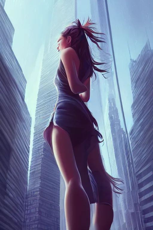 Prompt: beautiful giant girl walking among skyscrapers, highly detailed, digital painting, artstation, sharp focus, illustration, art by tan zi