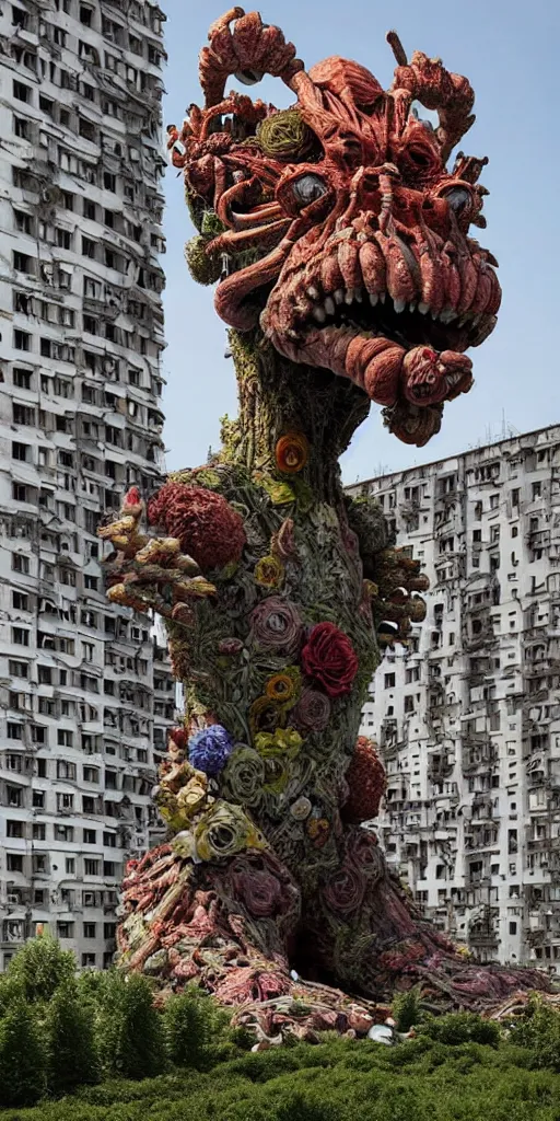 Image similar to colossal grotesque prehistoric alien predator flower made from best unfulfilled mankind projects in the middle of abandoned post soviet constructivist cityscape, Stalinist architecture, ultradetailed, Intricate by Hayao Miyazaki and Josan Gonzalez and Makoto Shinkai and Giuseppe Arcimboldo and Wes Anderson