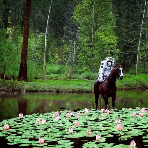 Image similar to A photo of an astronaut riding a horse in the forest. There is a river in front of them with water lilies.