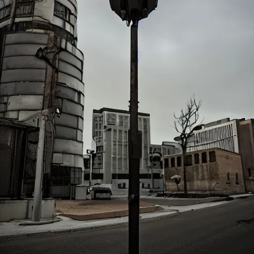 Image similar to deathclaw from fallout drives a subaru, street lighting, downtown environment, wide lens, 2 4 mm, street lamps