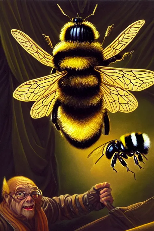 Prompt: classic oil painting, a giant bumble bee, as a dnd character, inside a cluttered bedroom, cottagecore, highly detailed, insect wings, digital illustration, concept art, smooth, sharp focus, art by tim hildebrandt, and greg hildebrandt