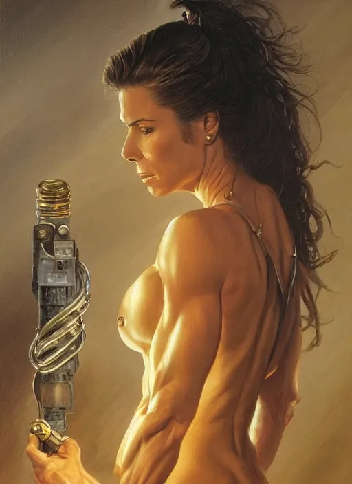 Image similar to Sandra Bullock (1990) as a muscled heroine staring into the camera, torch shadows, foggy night, intricate, elegant, highly detailed, Donato Giancola, Joseph Christian Leyendecker, WLOP, Boris Vallejo, Artgerm