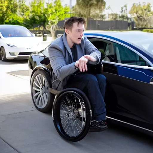 Prompt: ellon musk in tesla wheelchair, 40 mm, 1/100 sec, f/2.8, ISO 800”