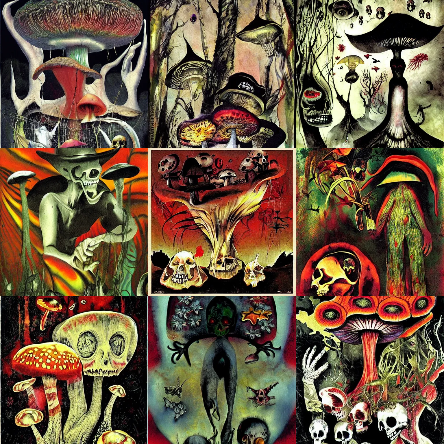 Prompt: psychedelic mushrooms dream, calaveras y diablitos, by dave mckean